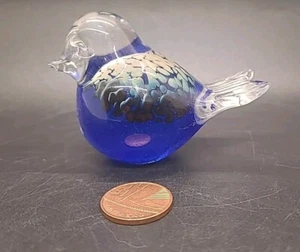 Kunst Glas mundgeblasen Vogel Figur Briefbeschwerer kobaltblau Flecken signiert (A) - Bild 1 von 5