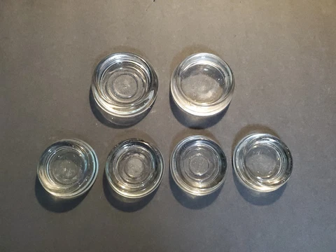 Lot of 6 Vintage Clear Glass Coasters Chair Table Couch Leg Protectors 2" & 2.5" Cover