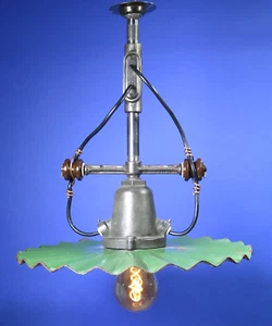 Vtg 1920s Green Porcelain Street Light ceiling chandelier industrial radial wave - Picture 1 of 9