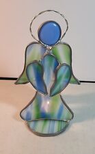 Stained Glass Angel W/Hands, Blue, Green, Glass, Candle Holder Figurine 8” X 6”