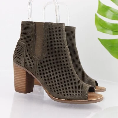 TOMS Womens Majorca Boots Size 8.5 Olive Green Suede Block Heel Open Toe Boho - Image 1 of 4