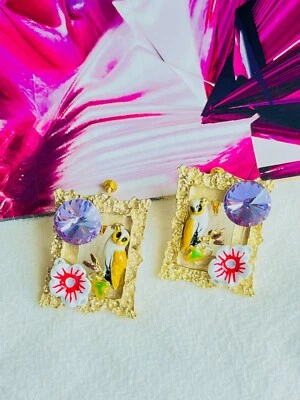 Painting Frame Owl Bird Flower Purple Crystal Clip Earrings Gold Women Her Gift - Image 1 of 4
