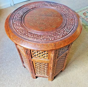 VINTAGE BRASS INLAID HEXAGONAL FOLD UP TABLE, FREE POST UK MAINLAND ONLY, - Picture 1 of 12