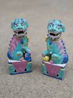 Vintage Pair Famille Rose Chinese Porcelain Foo Dogs Statues 6.5" Tall Painted