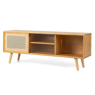 Entertainment Center Media Console Modern TV Stand w/Rattan  Glass Sliding Doors - Image 1 of 4
