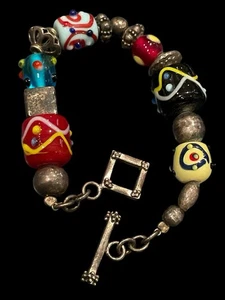 Vintage nicht mehr produziert 9 Sterlingsilber Lampwork Kunst Glasperlen Knebelarmband 8 Zoll - Bild 1 von 2