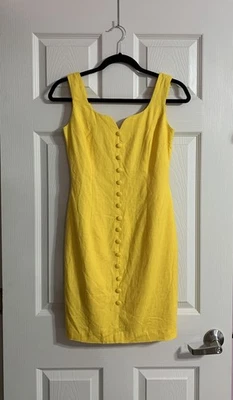 Mini Vestido Vintage Años 80 Donna Ricco Amarillo Mezcla de Lino Preppy Botón Talla 2P Foto 1 de 4