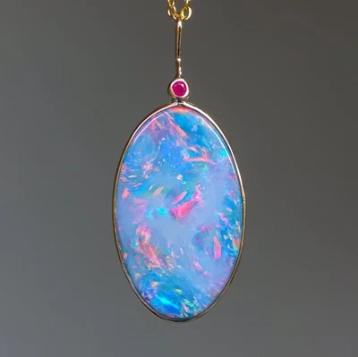 14K Gold Ruby Opal Doublet Pendant, Handmade Australian Opal, Firey Pink Opal  - Image 1 of 4