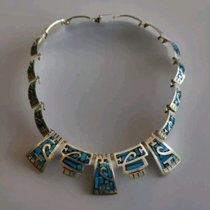 Mexican Taxco Sterling Silver 925 Collar Necklace Blue Turquoise Chip Inlay 14" - Picture 1 of 9
