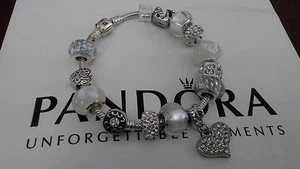 Authentic Pandora Sterling Silver Charm Bracelet w/European Charms Beads 8.3" - Picture 1 of 12