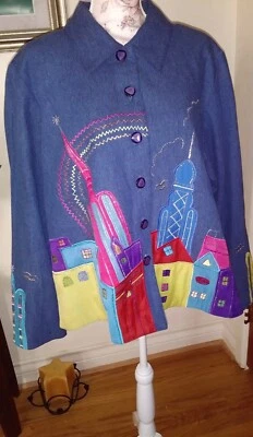 Chaqueta de mezclilla de colección Kaktus EE. UU. Art to Wear diseño de apliques mezcla de algodón talla XL  Foto 1 de 4