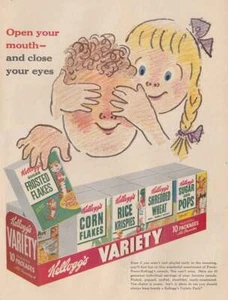 1954 Kellogs Cereal Variety Pack: Open Your Mouth, Clo Vintage Print Ad - Picture 1 of 1