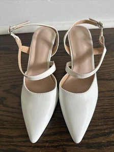 NEW SHEIN WHITE FAUX VEGAN LEATHER STRAPS SLINGBACK PUMPS HEELS SHOES - 36 - Picture 1 of 7