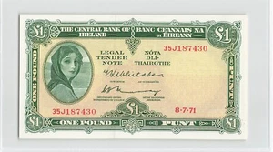 IRELAND 1 Pound 1971, P-64c, Prefix 35J, Pretty Note, Pressed AU aUNC. E6 - Picture 1 of 2