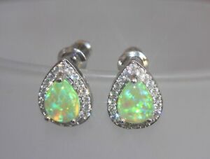 Drop Shape Green Opal 925 Sterling Silver Earrings / Studs