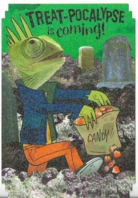 NUEVA Tarjeta Hallmark HALLOWEEN 5.5x8 Prisma Lagarto en Disfraz con Bolsa de Caramelos Foto 1 de 3
