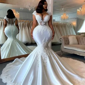 Luxury Mermaid Wedding Dresses Cap Sleeve Applique Buton Back Satin Bridal Gowns - Picture 1 of 4