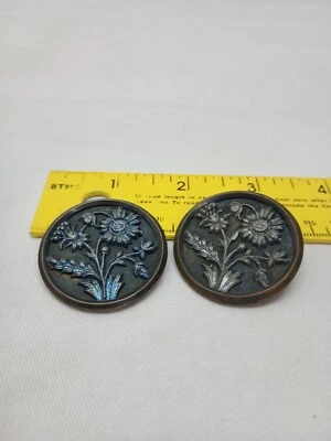 2-Antique Beautiful Flower Metal Picture Button  - Image 1 of 4