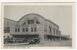 Postal publicitaria UNION STATION South Bend Indiana IN C1930 automóviles - Imagen 1 de 2