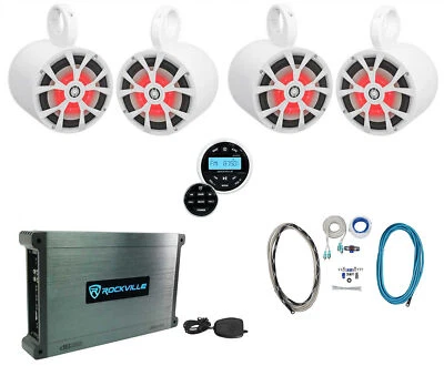 (4) Rockville RKL80MW 8" Marine Boat Wakeboard Tower LED Speakers+Amp+Receiver - Image 1 of 4