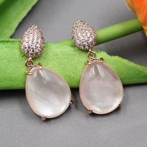 Natural Pink Quartz Crystal White Mother Of Pearl Shell Cubic Zirconia CZ Pave - Picture 1 of 7