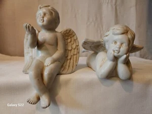Pair Vintage Bisque 9" Angels Cherubs Shelf Sitter Figurines - Picture 1 of 17