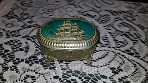 Vintage Made in Japan Mid-century Embossed Metal Trinket Box Sailing Ship w/Felt - Picture 1 of 7
