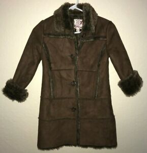 the CHILDRENS PLACE brown WINTER COAT FAUX FUR TRIM  COLLAR buttons 5/6  SMALL 