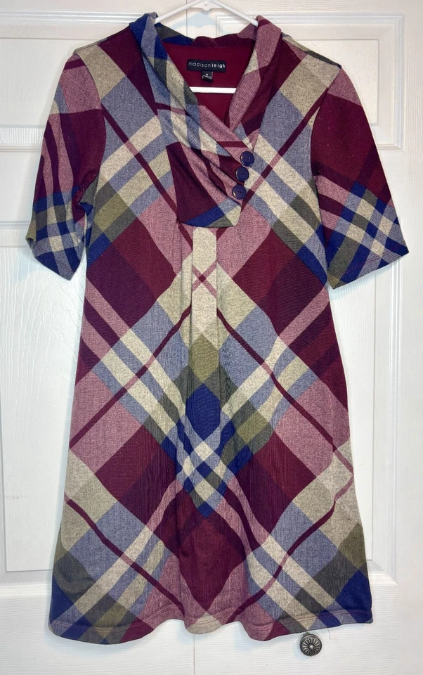 Madison Leigh Shift Dress Women's 10 Multi Plaid Polyester Stretch Short Sleeve - Image 1 of 4