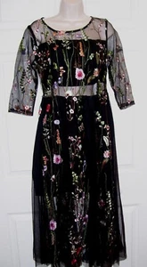 Women's Medium Sexy Black Cocktail Dress Embroidery Stitched Flowers Netted New - Picture 1 of 8