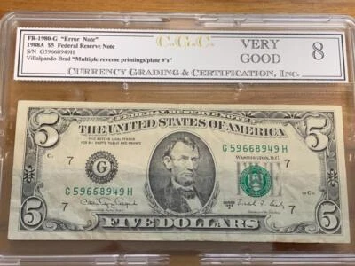 $5 Error Note 2 Different Back Check Numbers Circulated Condition SKU# 32912 - Image 1 of 4