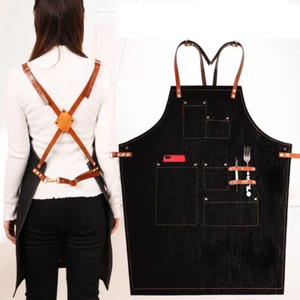 Denim Leather Strap Bib Apron Barista Baker Bartender BBQ Chef Work Uniform Cook - Picture 1 of 20