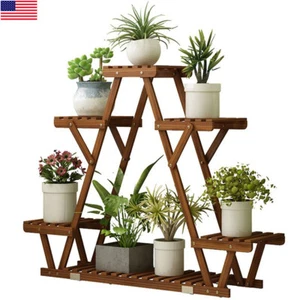 Carbonized Triangle 6 Tier Corner Wood Plant Stand Flower Pots Rack Shelf Holder - Picture 1 of 12