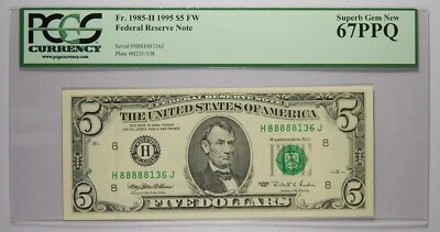 St. Louis 1995 $5 graduación profesional 67PPQ Lucky 8's número de serie elegante 88888136 Foto 1 de 2