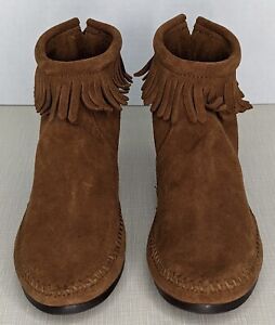 MINNETONKA Moccasins Ankle High Top Fringe Boots Brown Suede Size 9 Back Zip