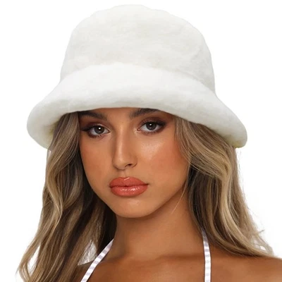 Winter Bucket Hat Fluffy Faux Fur Fisherman Cap for Women Men Solid Color Style - Image 1 of 4