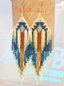 Sanoe Beau Cornwall Handmade 'Blue Mountain' Beaded Boho Native Earrings - Picture 1 of 3