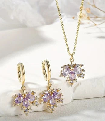 18k White Gold Plated Elegant Maple Leaf Jewelry Set Lab-Created Swarovski - Image 1 of 4