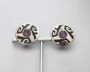 Signed A. Garcia Taxco Mexico Sterling & Amethyst Disc Earrings circa 1960's - Picture 1 of 6