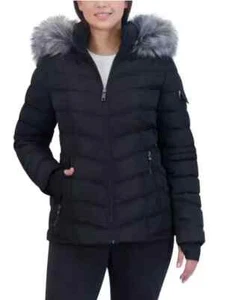 Nautica Women's Faux Fur Trim Hooded Puffer Jacket, Black, Size M - Picture 1 of 5