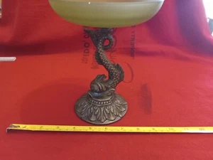 Satin Vintage Green Glass Pedestal Candy Dish W/Cast Medal Koi Fish Base. - Picture 1 of 5