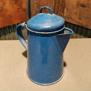 8" Blue Enamel Camping Coffee Tea Boiling Water Pot Emergency Outdoor - Picture 1 of 18