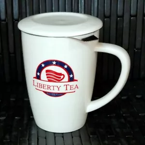 BRAND NEW Liberty Tea Tall 15 Oz Tea Mug Cup with Infuser and Lid - White Curve - Picture 1 of 3