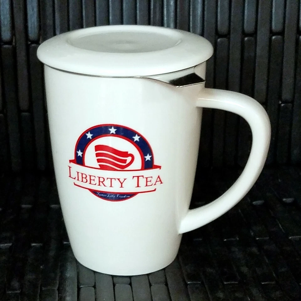 BRAND NEW Liberty Tea Tall 15 Oz Tea Mug Cup with Infuser and Lid - White Curve - Image 1 of 3