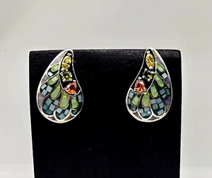 Vintage Sterling Silver Gemstone Inlaid Mosaic Stone Colorful Earrings - 6.6g - Picture 1 of 5