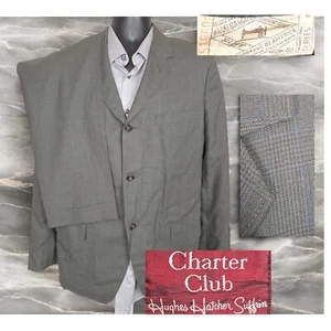 1960s Charter Club 2 Piece Suit Mens 40R 30X32 Green Plaid 3 Button Roll - Picture 1 of 13
