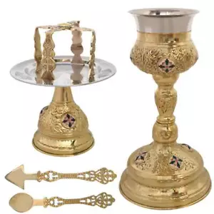 Santa Comunione Ottone con Smalto Calice Set 5 Pezzi Patena Lancia Cucchiaio Chiesa - Foto 1 di 1