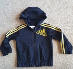 ☆ADIDAS☆ Black Hooded Zip Jacket - Gold 3 Stripe & Logo - Sz 6-9 mths - Picture 1 of 6