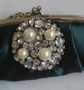 Rada Womens Rhinestones Pearl Silver Handle Prom Club Night Kisslock Green Purse - Picture 1 of 7