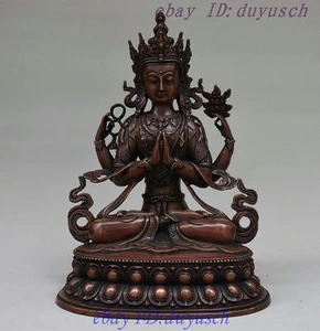 12" Tibet Buddhism Bronze 4-Arms Chenrezig Buddha Avalokiteshvara GuanYin Statue - Picture 1 of 12